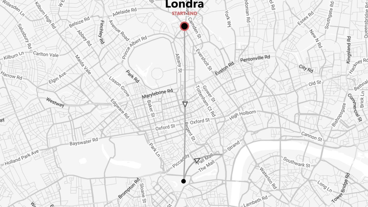 Una mappa stradale stilizzata di Londra, intitolata 'Londra', che illustra un itinerario di viaggio da Camden a sud, oltre Oxford Street.