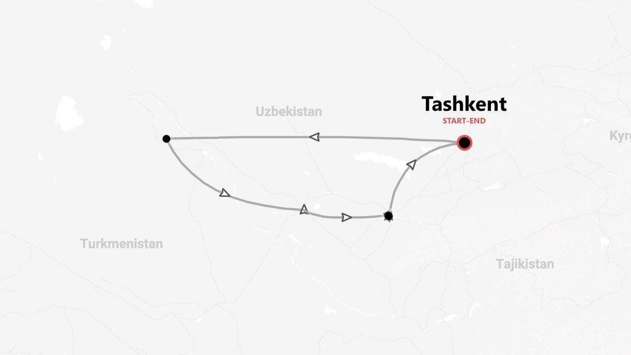 Una mappa che mostra un itinerario di viaggio attraverso l'Uzbekistan, con inizio e fine nella città di Tashkent.