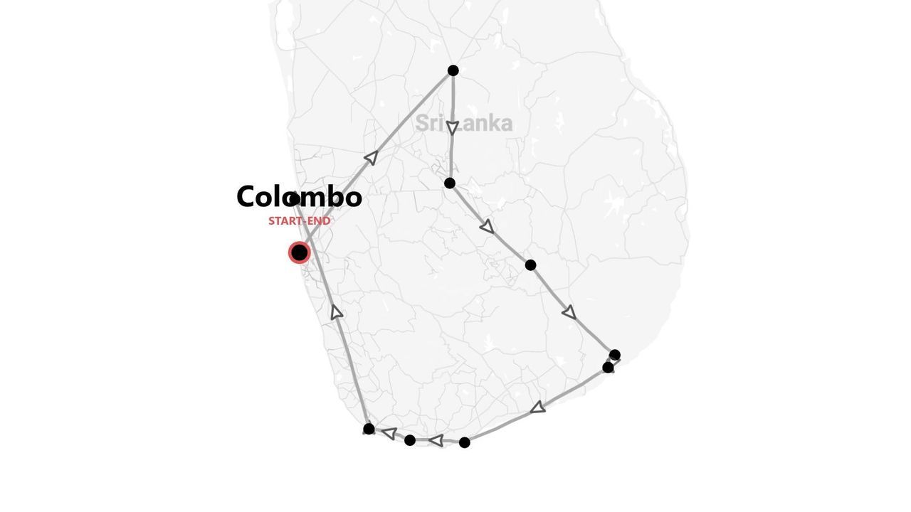 Una mappa che illustra un itinerario turistico per lo Sri Lanka, con il percorso circolare che inizia e finisce nella città di Colombo.