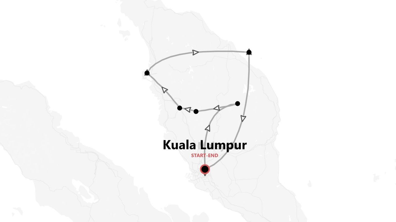 Mappa di un tour in Malesia con partenza e arrivo a Kuala Lumpur.
