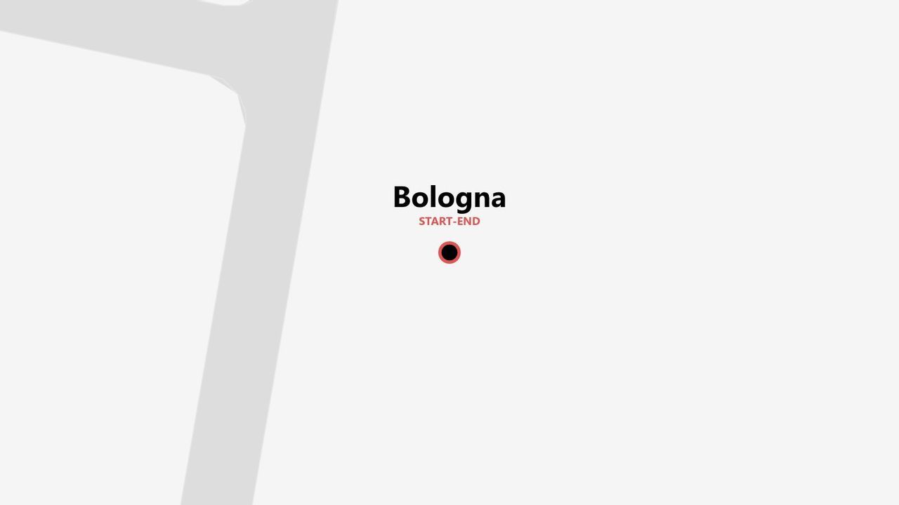 Una mappa minimalista che illustra un itinerario di viaggio con partenza e arrivo a Bologna.