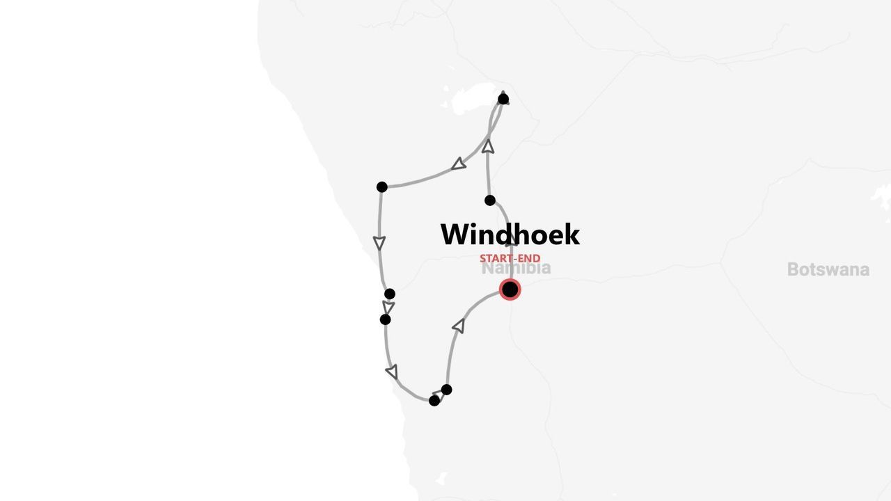 Una mappa minimalista che mostra un itinerario di viaggio in Namibia, con un percorso che inizia e finisce a Windhoek.