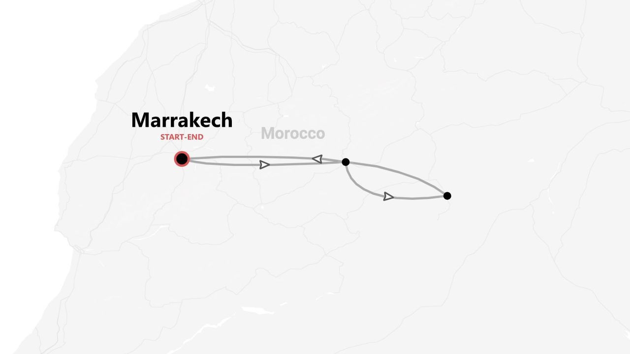 Una mappa che mostra un itinerario turistico in Marocco, con un percorso che inizia e finisce nella città di Marrakech.