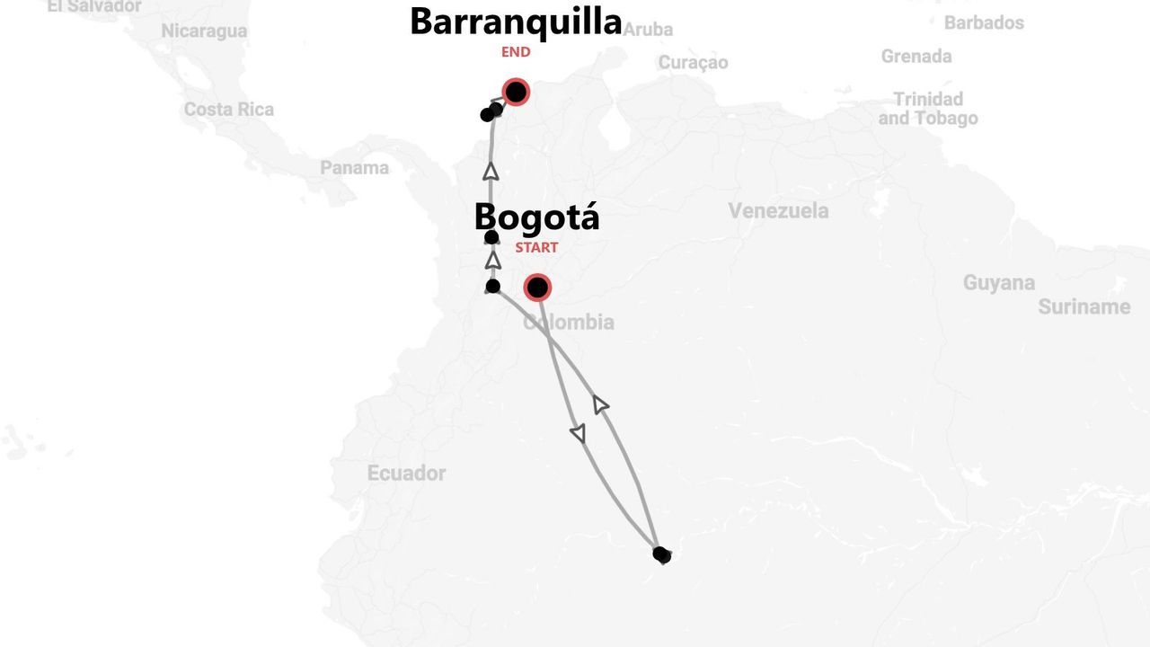 Mappa di un itinerario di viaggio in Colombia, con partenza da Bogotá e arrivo a Barranquilla.