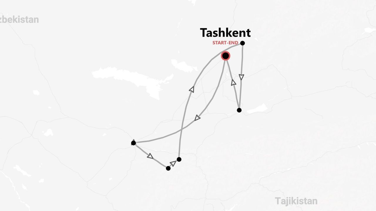 Mappa stilizzata di un itinerario di viaggio in Uzbekistan, con partenza e arrivo a Tashkent.