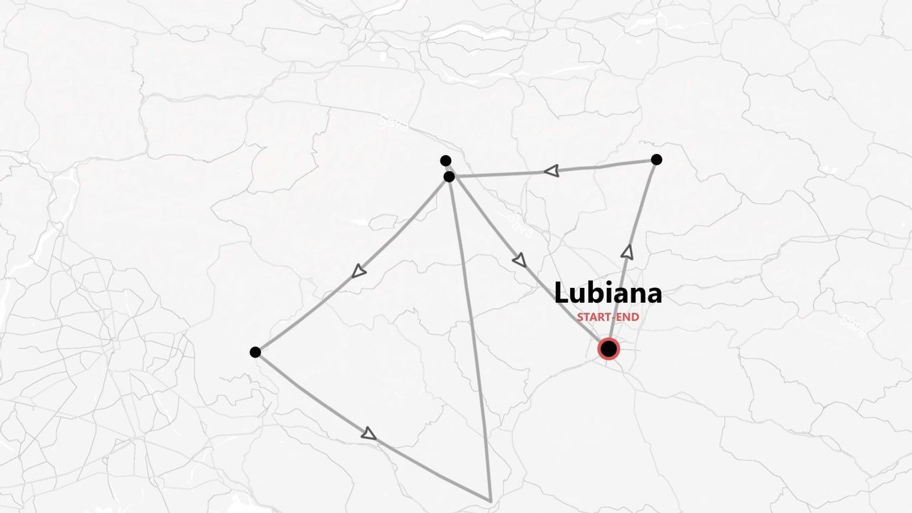 Mappa di un itinerario con diverse tappe, con partenza e arrivo a Lubiana.