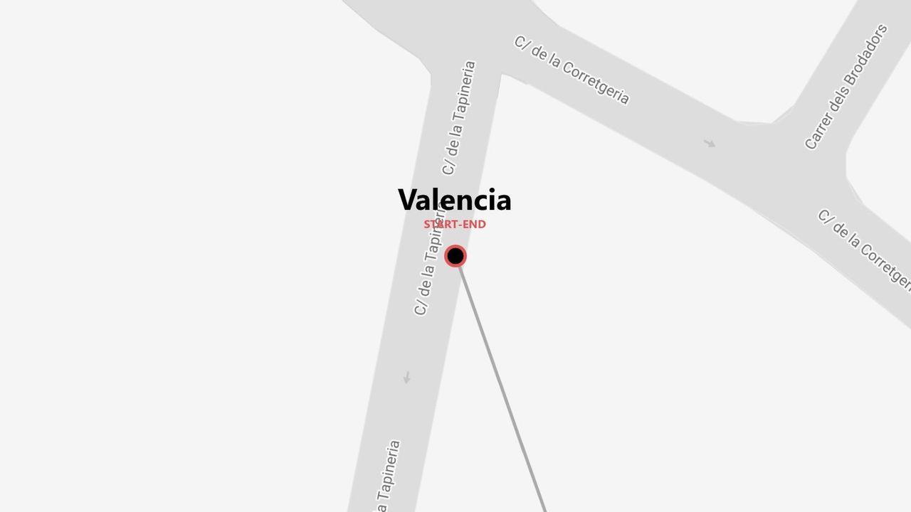 Mappa stradale di Valencia con punto di partenza/arrivo in C/ de la Tapineria, vicino all'incrocio con C/ de la Corretgeria.