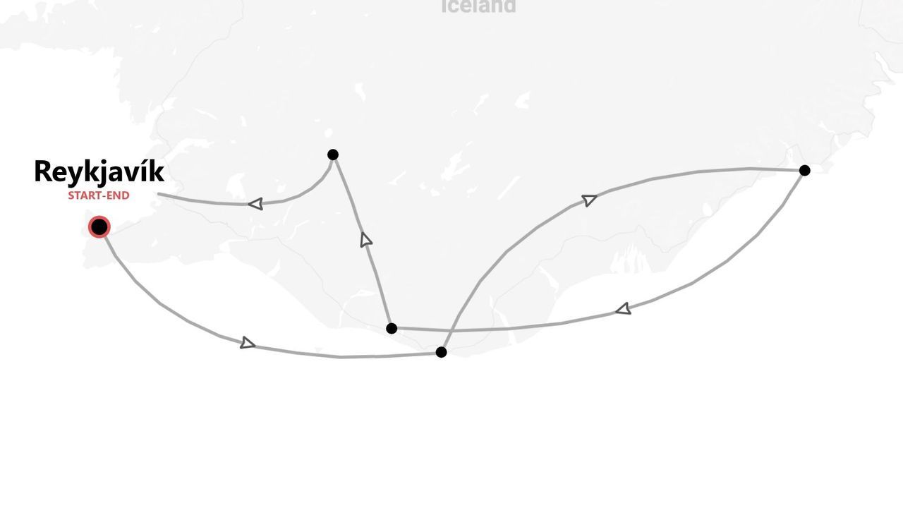 Una mappa di un itinerario di viaggio in Islanda, che mostra un percorso con partenza e arrivo a Reykjavík.