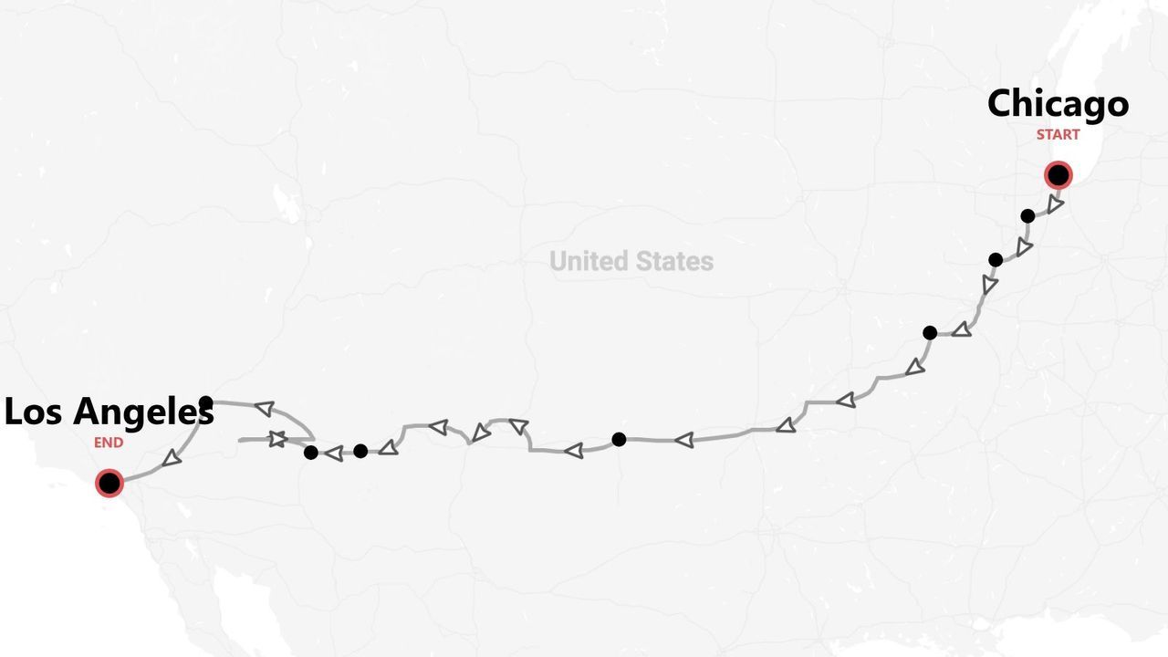 Mappa degli Stati Uniti con itinerario da Chicago a Los Angeles.