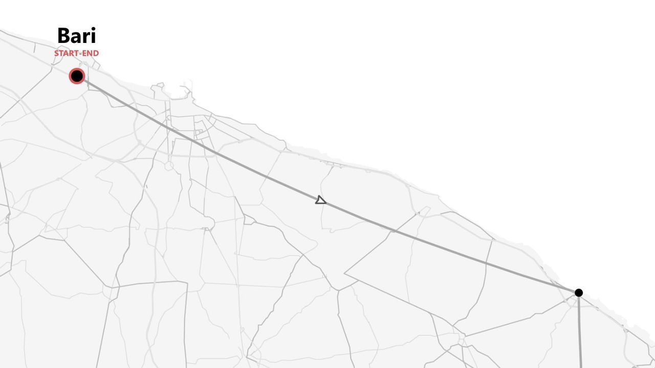 Mappa stilizzata che mostra un itinerario di viaggio con Bari come punto di partenza e di arrivo.