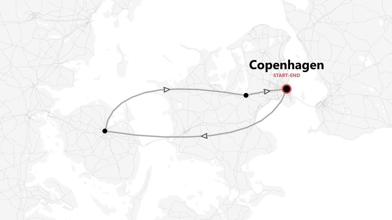 Mappa di un itinerario di viaggio ad anello, con inizio e fine a Copenaghen.