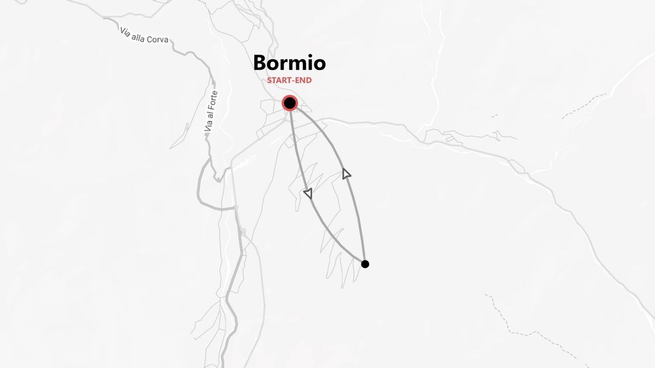 Una mappa minimalista che illustra un itinerario di viaggio ad anello con partenza e arrivo a Bormio.