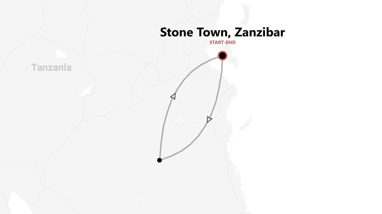 Mappa di un itinerario di viaggio in Tanzania, con partenza e arrivo a Stone Town, Zanzibar.