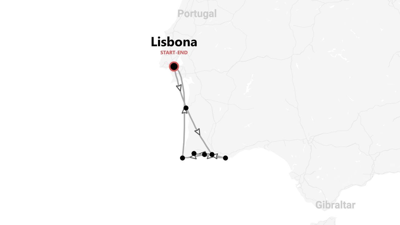 Mappa minimalista del Portogallo con itinerario di viaggio che inizia e finisce a Lisbona, percorrendo la costa meridionale.