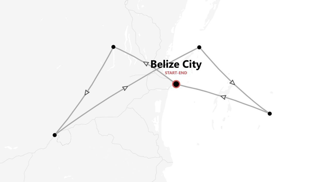 Una mappa minimalista che mostra un itinerario di viaggio con partenza e arrivo a Belize City, contrassegnato da un punto rosso.