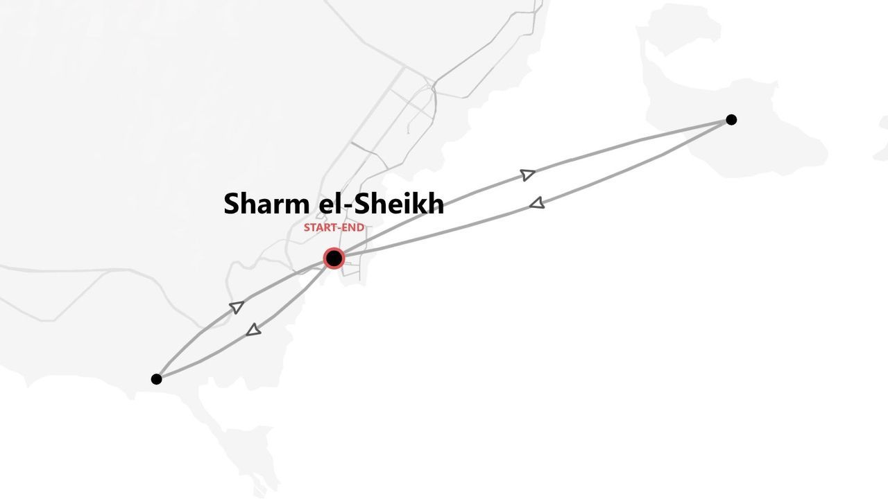 Mappa minimalista che mostra un itinerario di viaggio con un punto di partenza e arrivo a Sharm el-Sheikh, collegando altre due località.