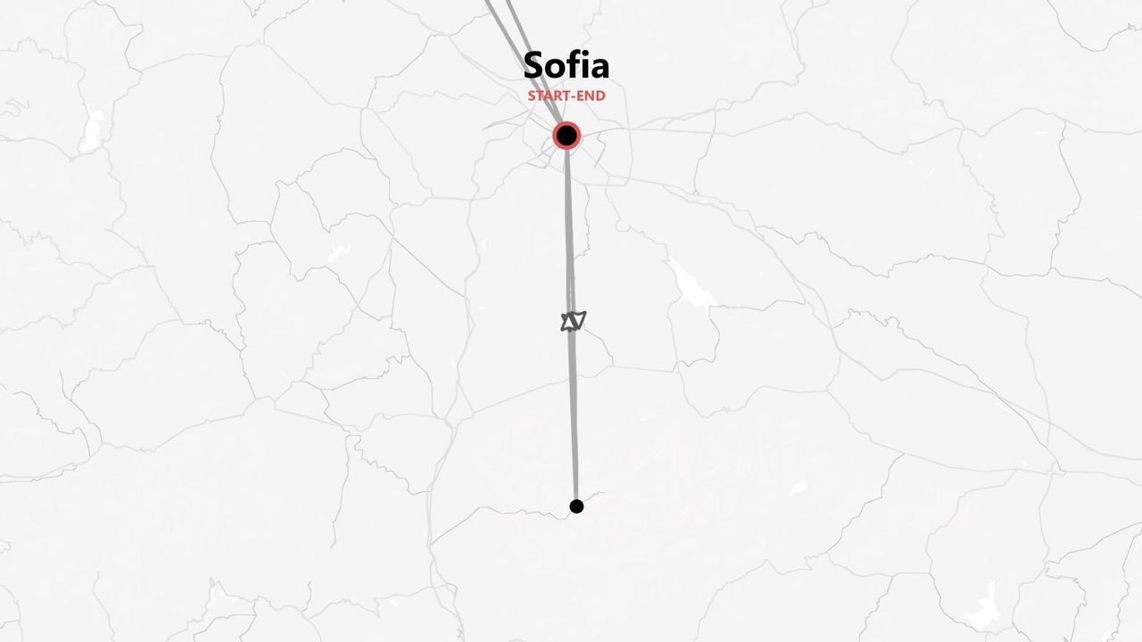 Mappa stilizzata di un itinerario di viaggio con Sofia come punto di partenza e arrivo.