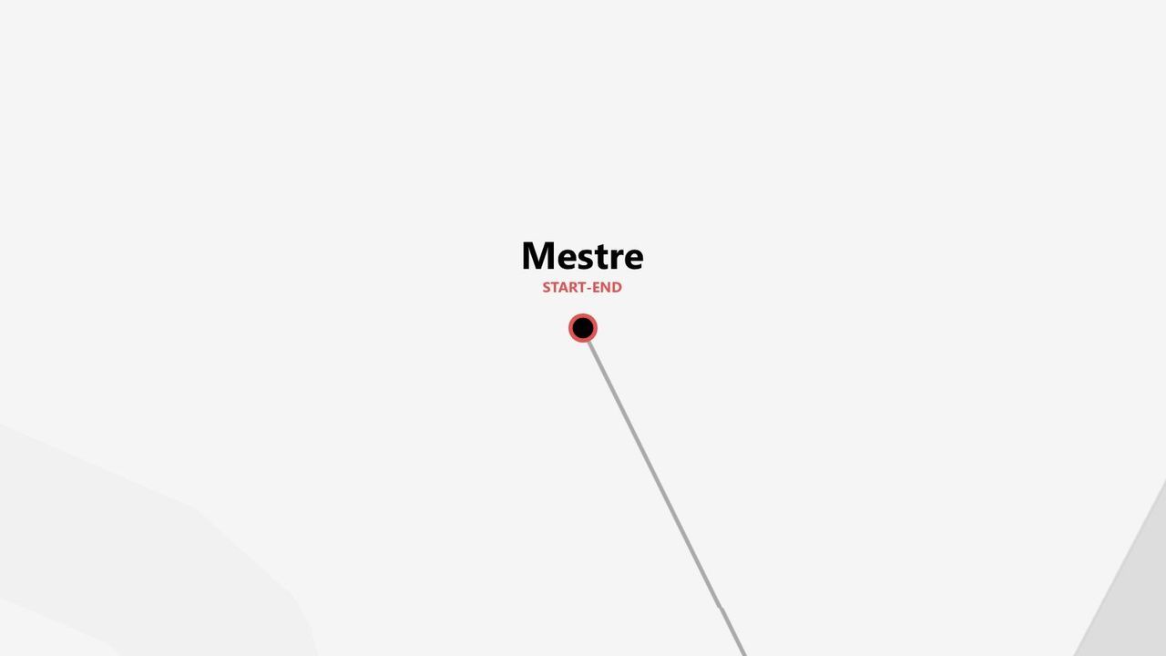 Mappa minimalista con un punto dell'itinerario di viaggio, etichettato Mestre e indicato come INIZIO-FINE.