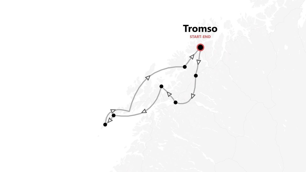 Una mappa che mostra un itinerario di viaggio con partenza e arrivo a Tromso, segnato da una linea con tappe.