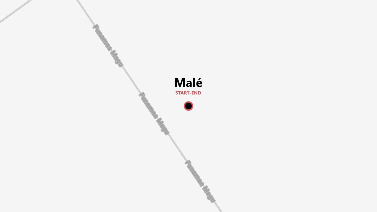 Una mappa minimalista che mostra un punto di partenza e arrivo a Malé, con la via Funamaa Magu indicata.