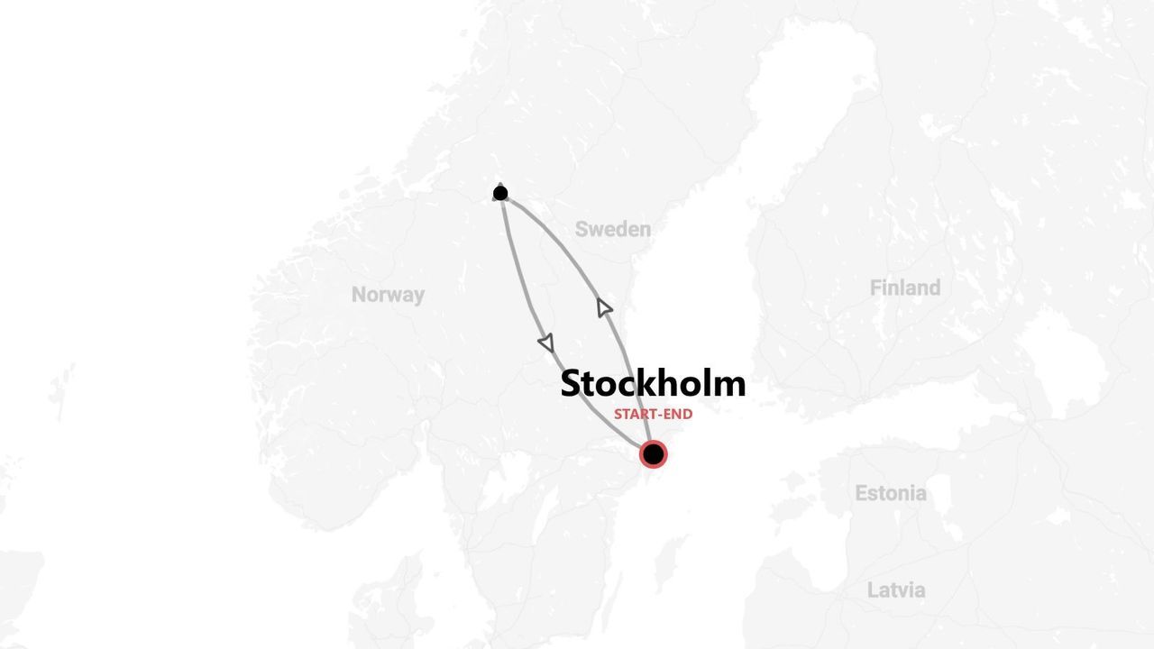 Mappa di un itinerario di viaggio circolare in Svezia, con partenza e arrivo a Stoccolma.