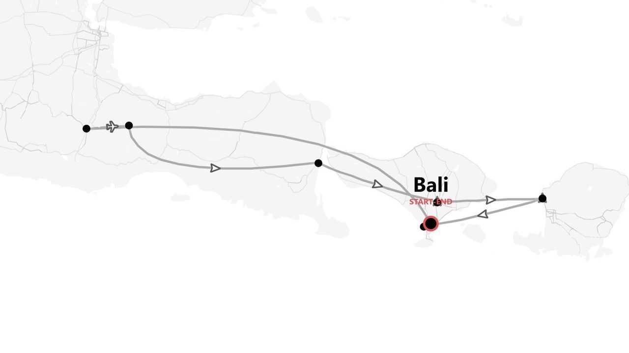 Mappa minimalista: itinerario di viaggio tra isole, con partenza e arrivo a Bali e un volo incluso.