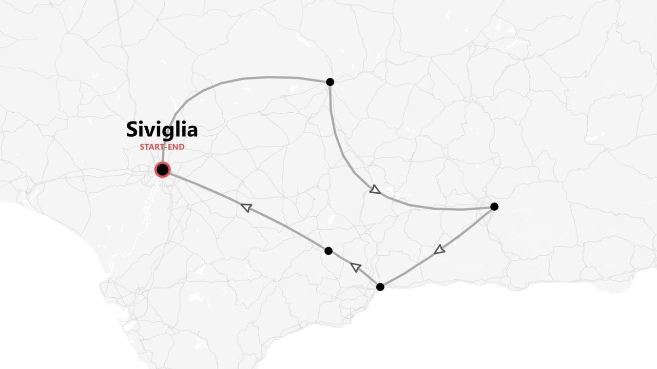 Mappa minimalista di un itinerario di viaggio a più tappe, con partenza e arrivo a Siviglia.