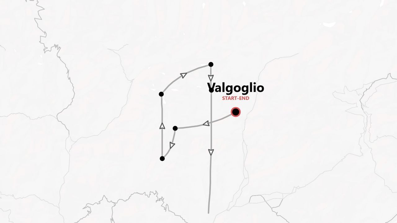 Mappa illustrata di un itinerario di viaggio circolare con tappe, con partenza e arrivo a Valgoglio.