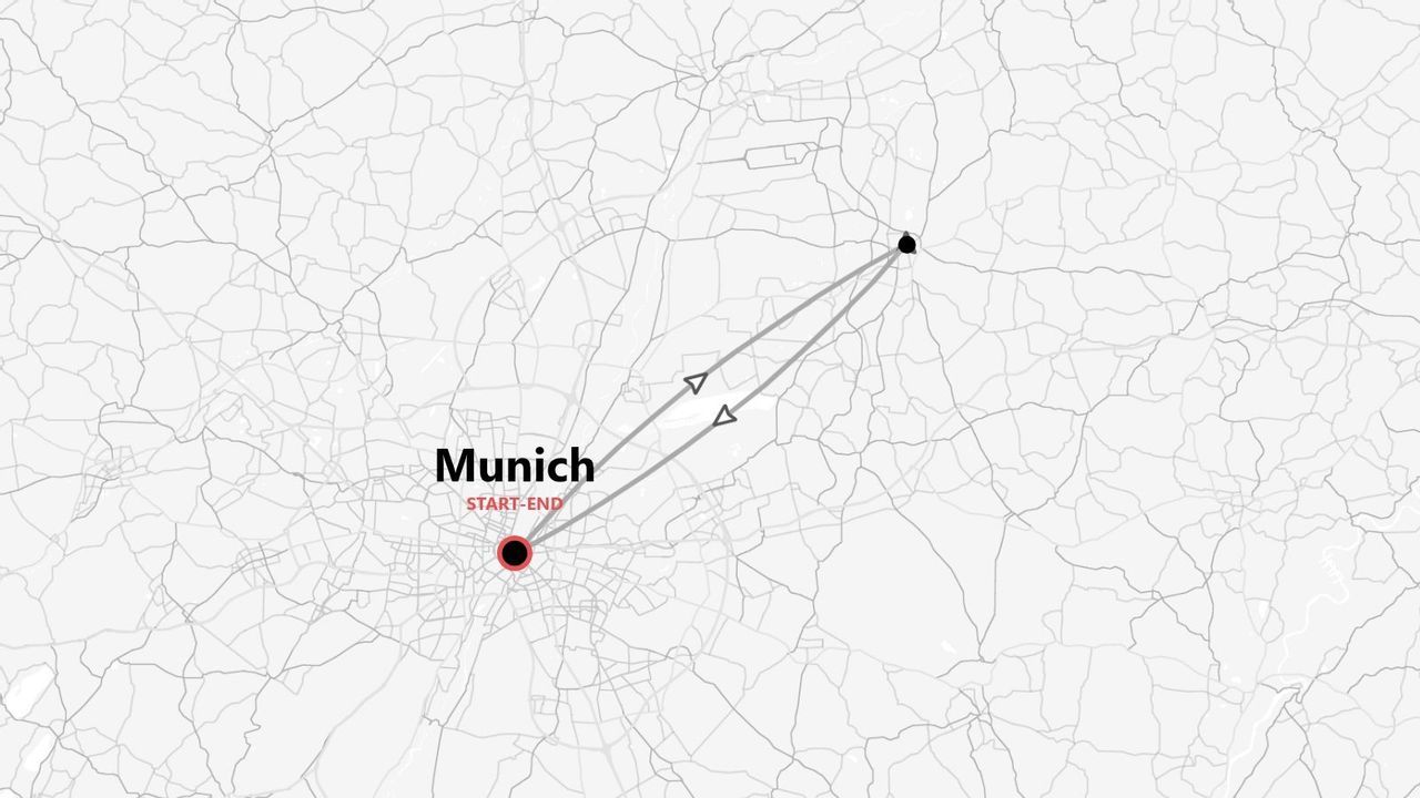 Una mappa stilizzata che mostra un percorso di andata e ritorno con partenza e arrivo a Monaco.