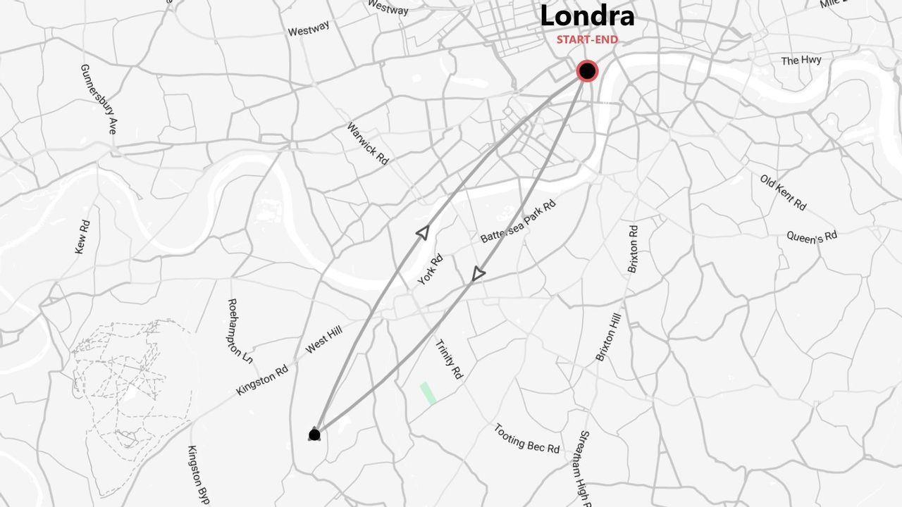 Una mappa stilizzata in bianco e nero di Londra che illustra un itinerario di viaggio di andata e ritorno con un punto di partenza e arrivo segnato.