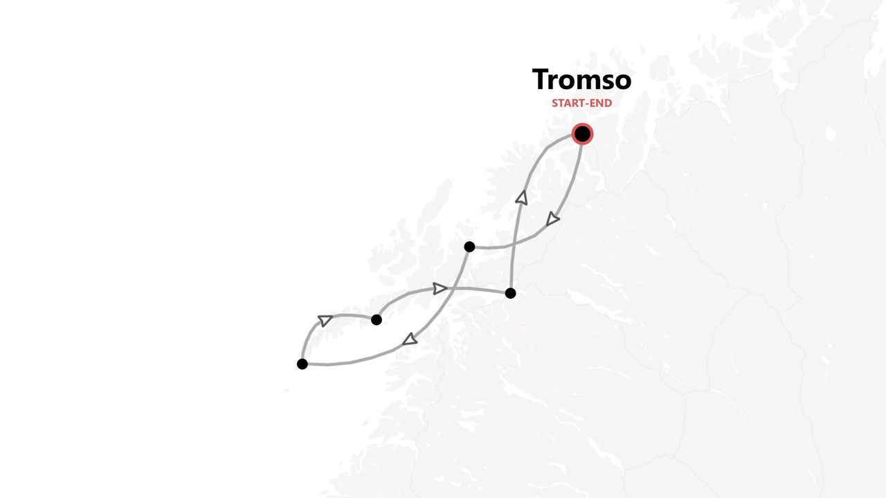 Mappa di un itinerario turistico con diverse tappe, con partenza e arrivo nella località di Tromso.