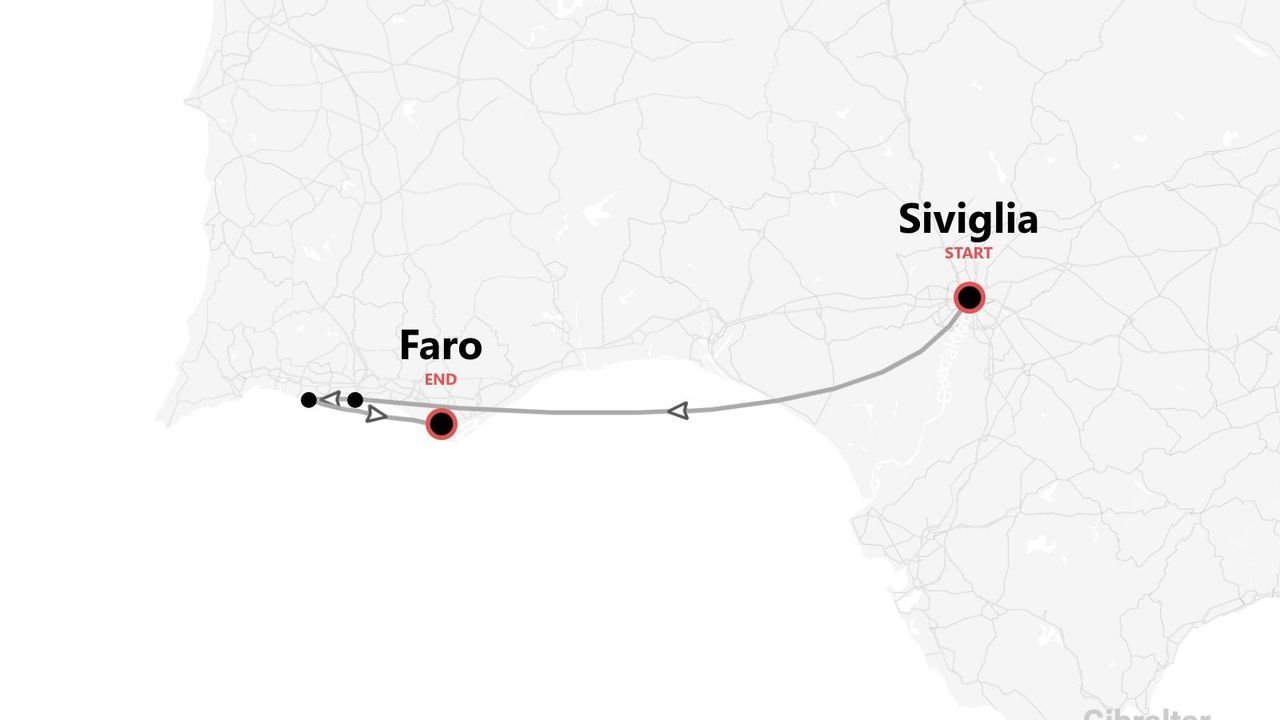Mappa dell'itinerario di viaggio da Siviglia a Faro.