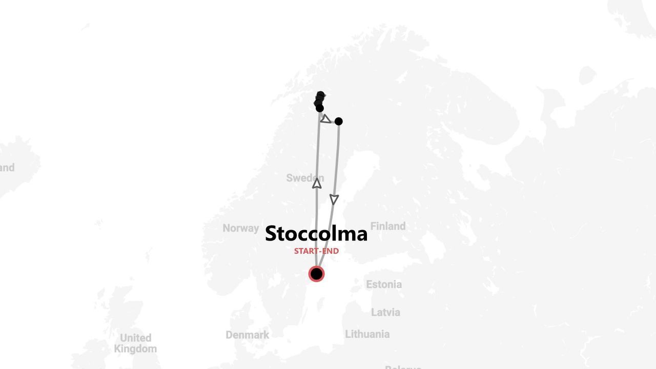Una mappa che mostra un itinerario di viaggio che inizia e finisce a Stoccolma, Svezia, e che viaggia a nord attraverso la Scandinavia.