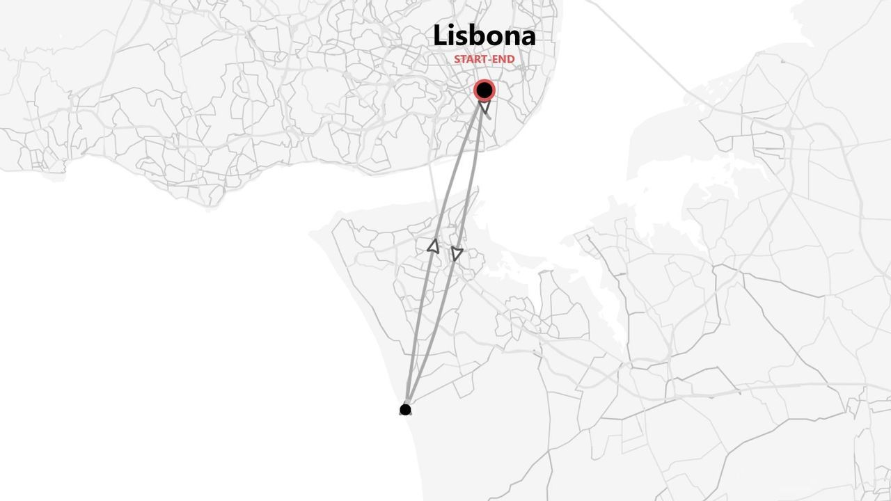 Mappa minimalista di un itinerario di viaggio circolare con partenza e arrivo a Lisbona.