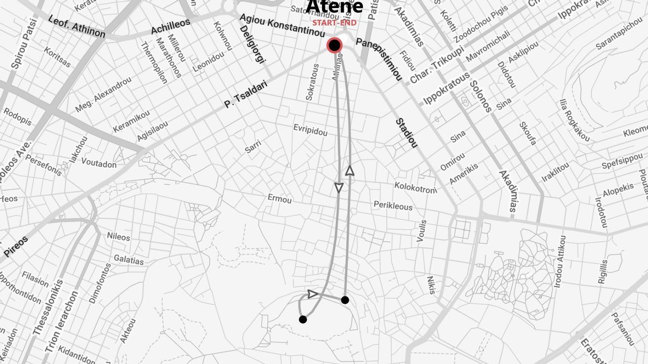 Mappa stradale in scala di grigi di Atene, Grecia, che mostra un percorso di viaggio con punti di inizio e fine marcati.