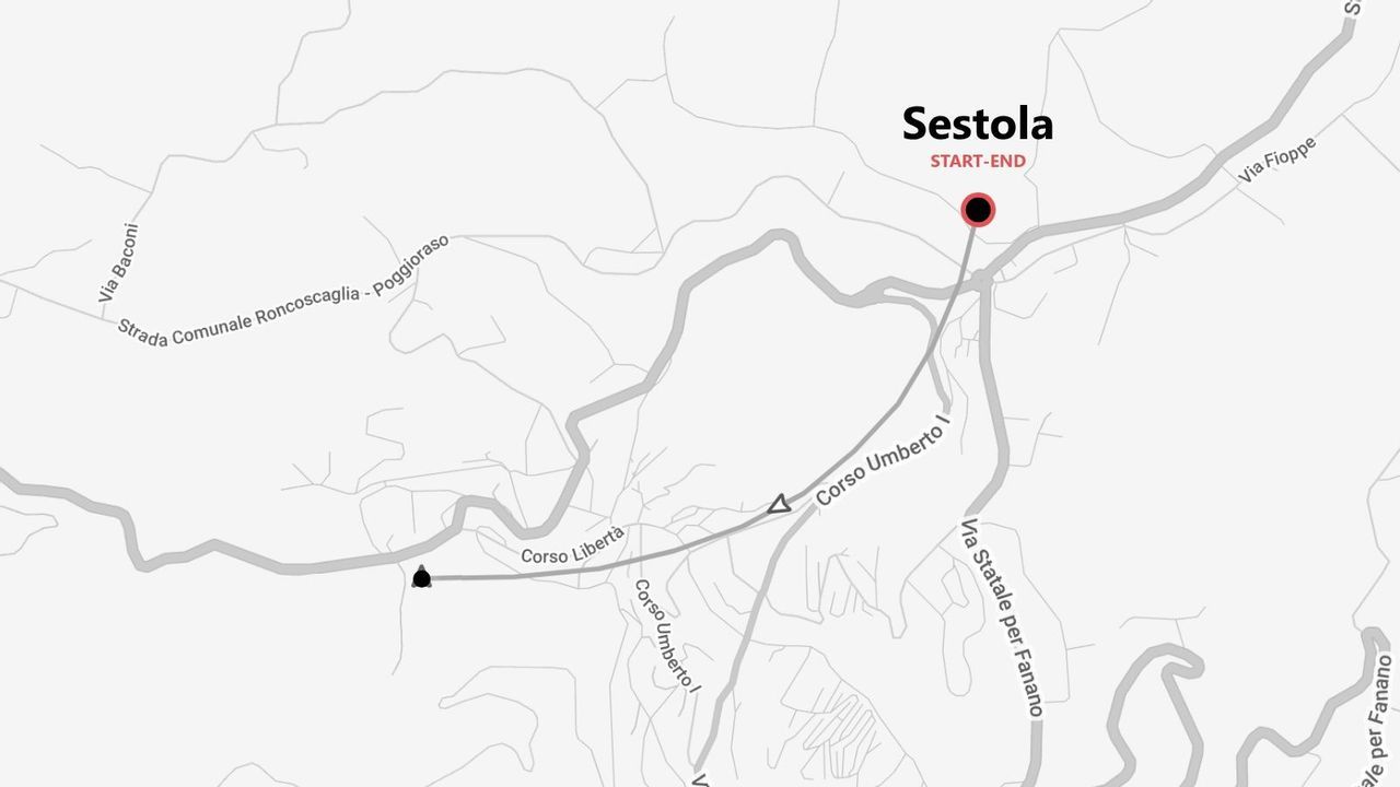 Mappa stradale di Sestola, Italia, che evidenzia un percorso con punti di partenza e arrivo e include vie come Corso Umberto I.