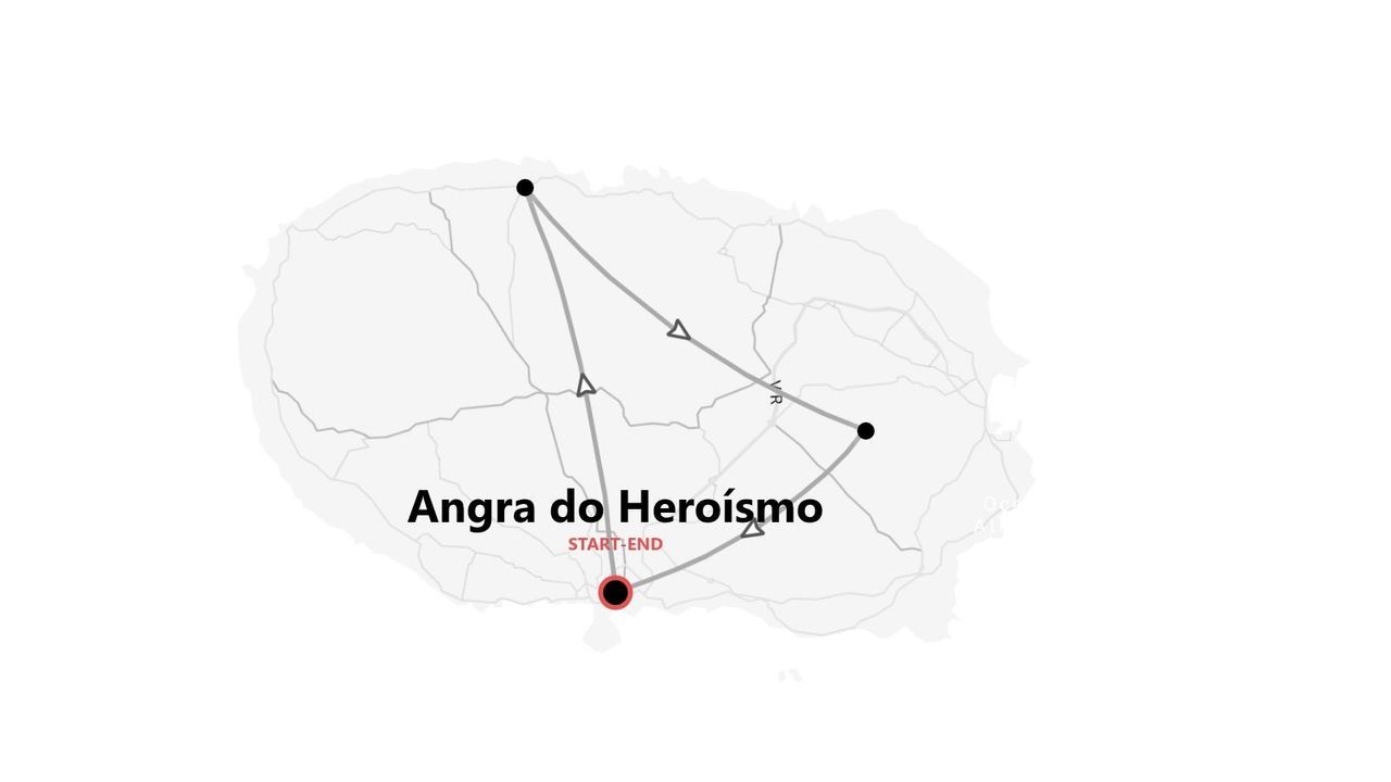 Mappa minimalista di un itinerario di viaggio con partenza e arrivo ad Angra do Heroísmo, con diversi punti segnati sull'isola.