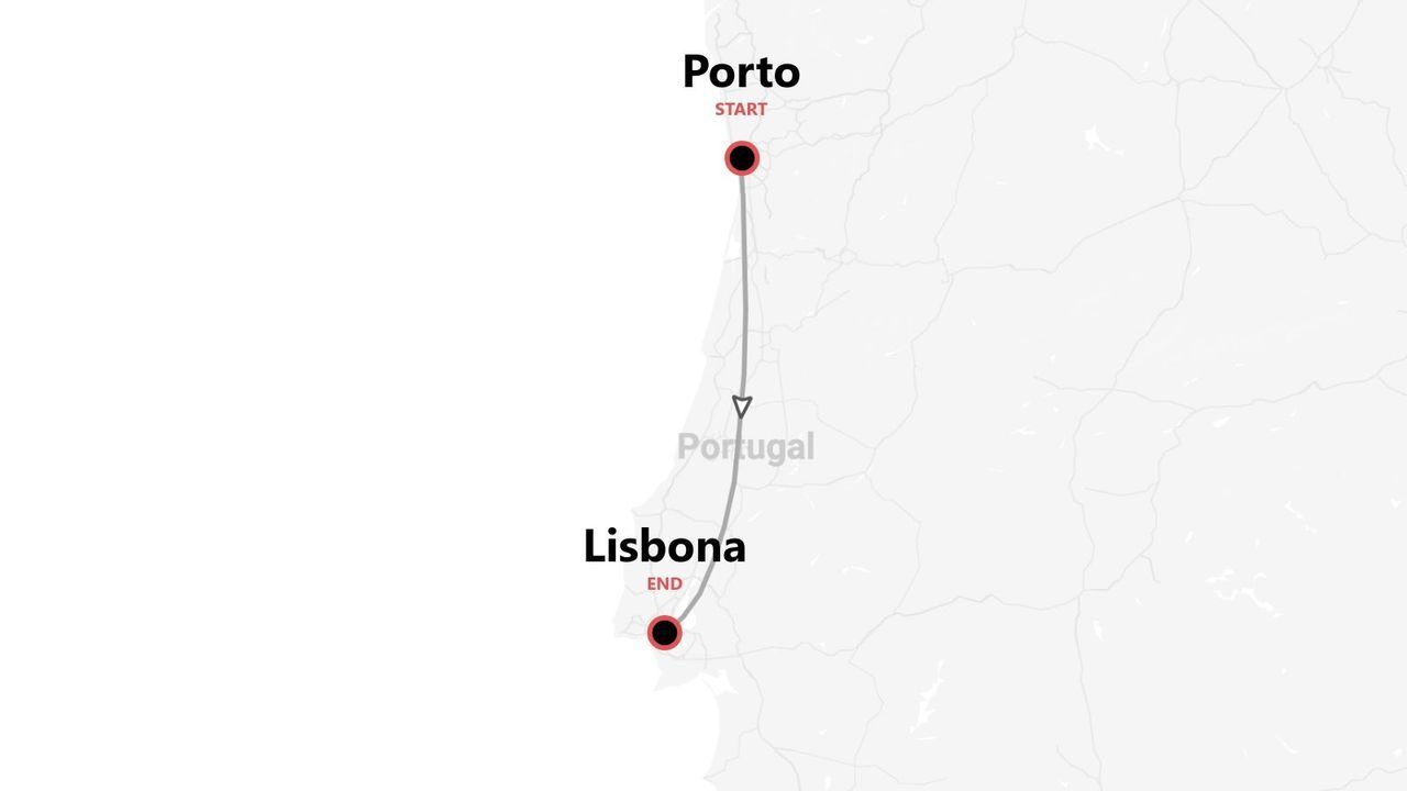 Mappa del Portogallo con un itinerario di viaggio da Porto a Lisbona.