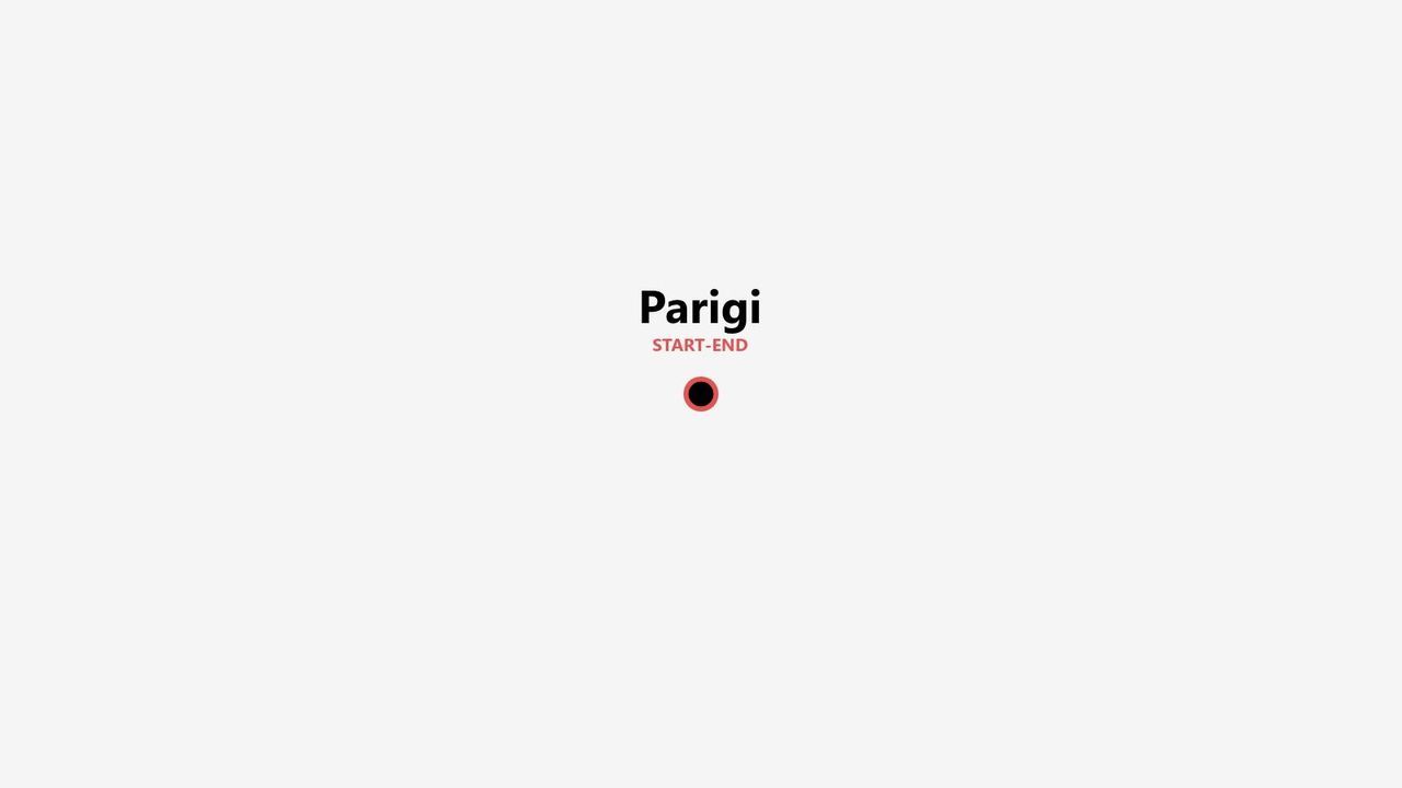Grafico minimalista che mostra la parola 'Parigi' sopra 'START-END' e un'icona circolare su sfondo bianco.