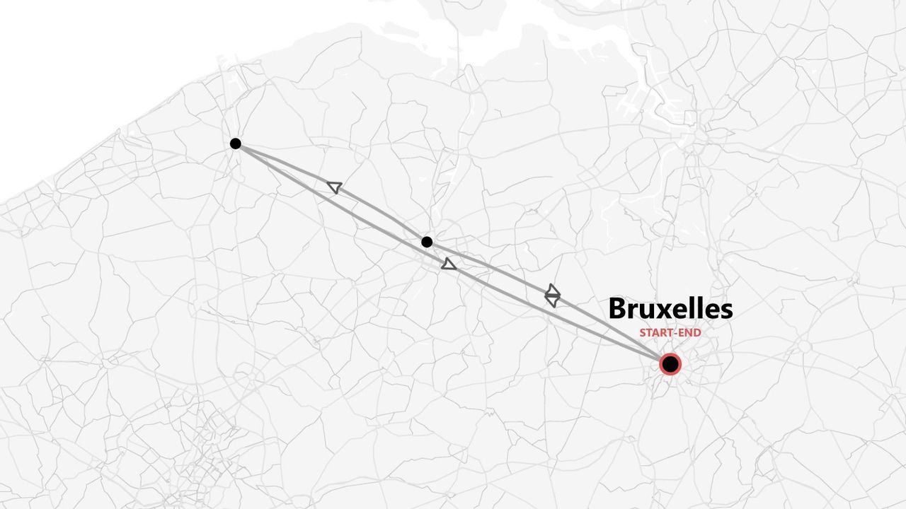 Una mappa in scala di grigi che mostra un itinerario di viaggio con un percorso che inizia e finisce a Bruxelles, Belgio.