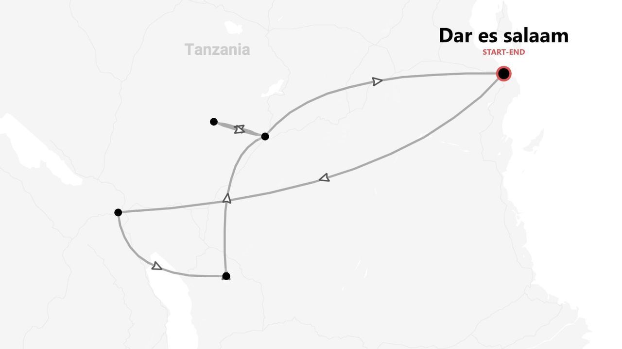 Una mappa che illustra un itinerario di viaggio in Tanzania, con punto di partenza e arrivo a Dar es Salaam.