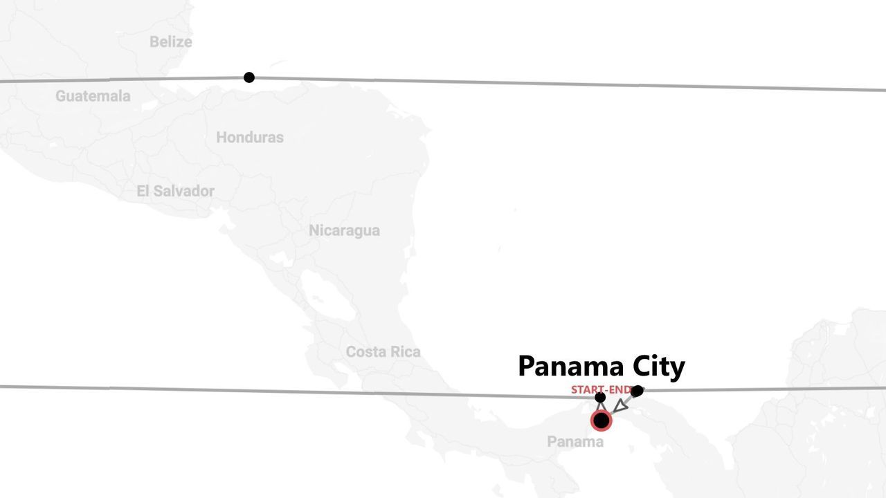 Una mappa del Centro America che mostra un itinerario di viaggio con un punto di inizio e fine a Panama City, Panama.
