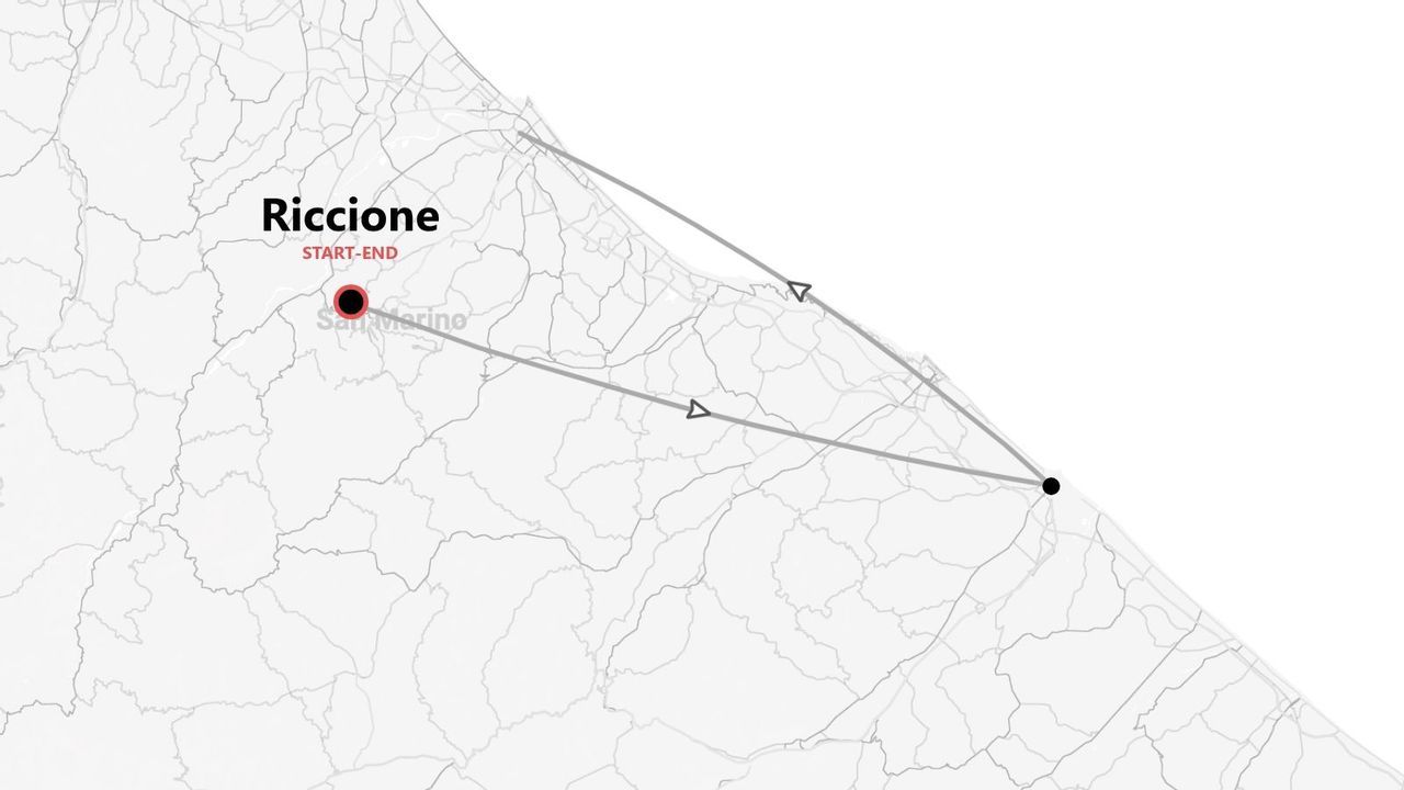 Una mappa in scala di grigi che mostra un itinerario turistico con punti di inizio e fine a Riccione, vicino a San Marino.