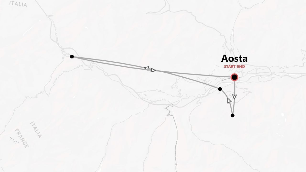 Mappa di un itinerario di viaggio tra Italia e Francia, con partenza e arrivo ad Aosta.