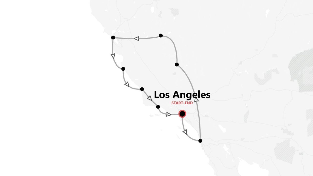 Mappa di un itinerario circolare in California con partenza e arrivo a Los Angeles.