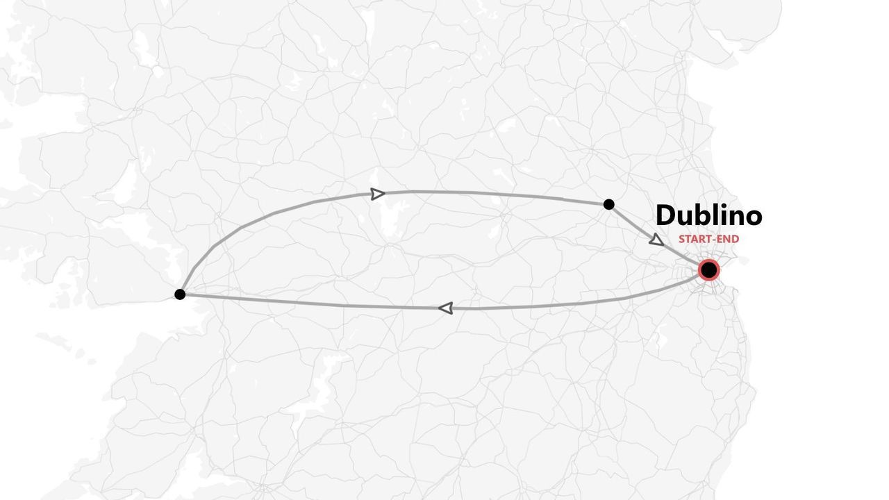 Mappa di un itinerario di viaggio in Irlanda, che mostra un percorso circolare con frecce che inizia e finisce a Dublino.