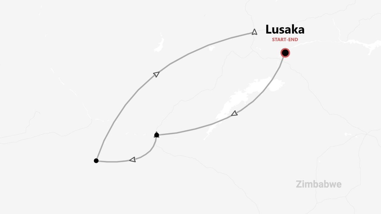 Una mappa che mostra un percorso di viaggio circolare che inizia e finisce a Lusaka, con parte dell'itinerario che attraversa lo Zimbabwe.