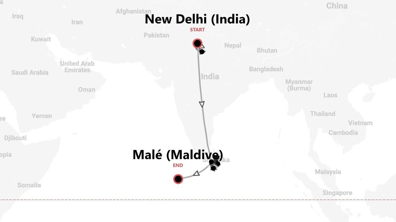 Una mappa di un itinerario di viaggio che parte da Nuova Delhi, India, e termina a Malé, Maldive, mostrando il percorso attraverso il subcontinente indiano.