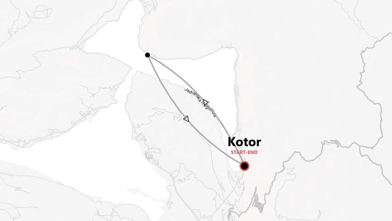 Mappa di un itinerario circolare con partenza e arrivo a Cattaro, che include un tratto lungo la Jadranska Magistrala.