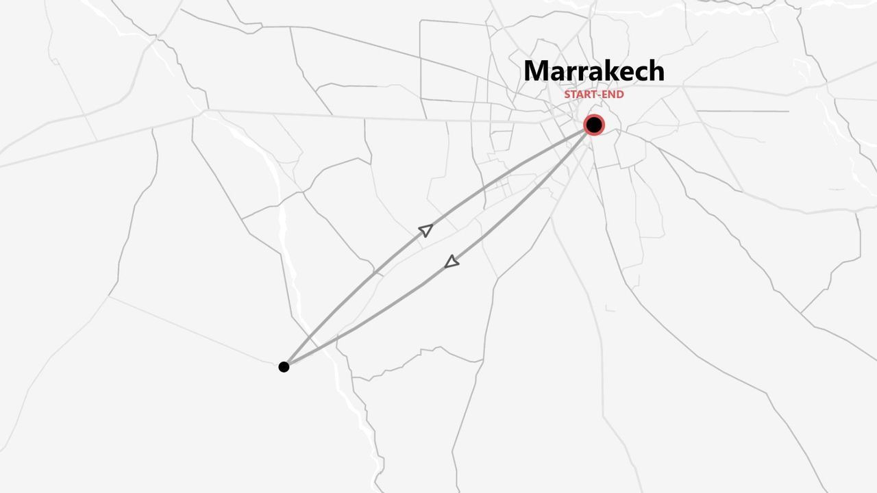 Mappa minimalista di un itinerario di andata e ritorno con partenza e arrivo a Marrakech.